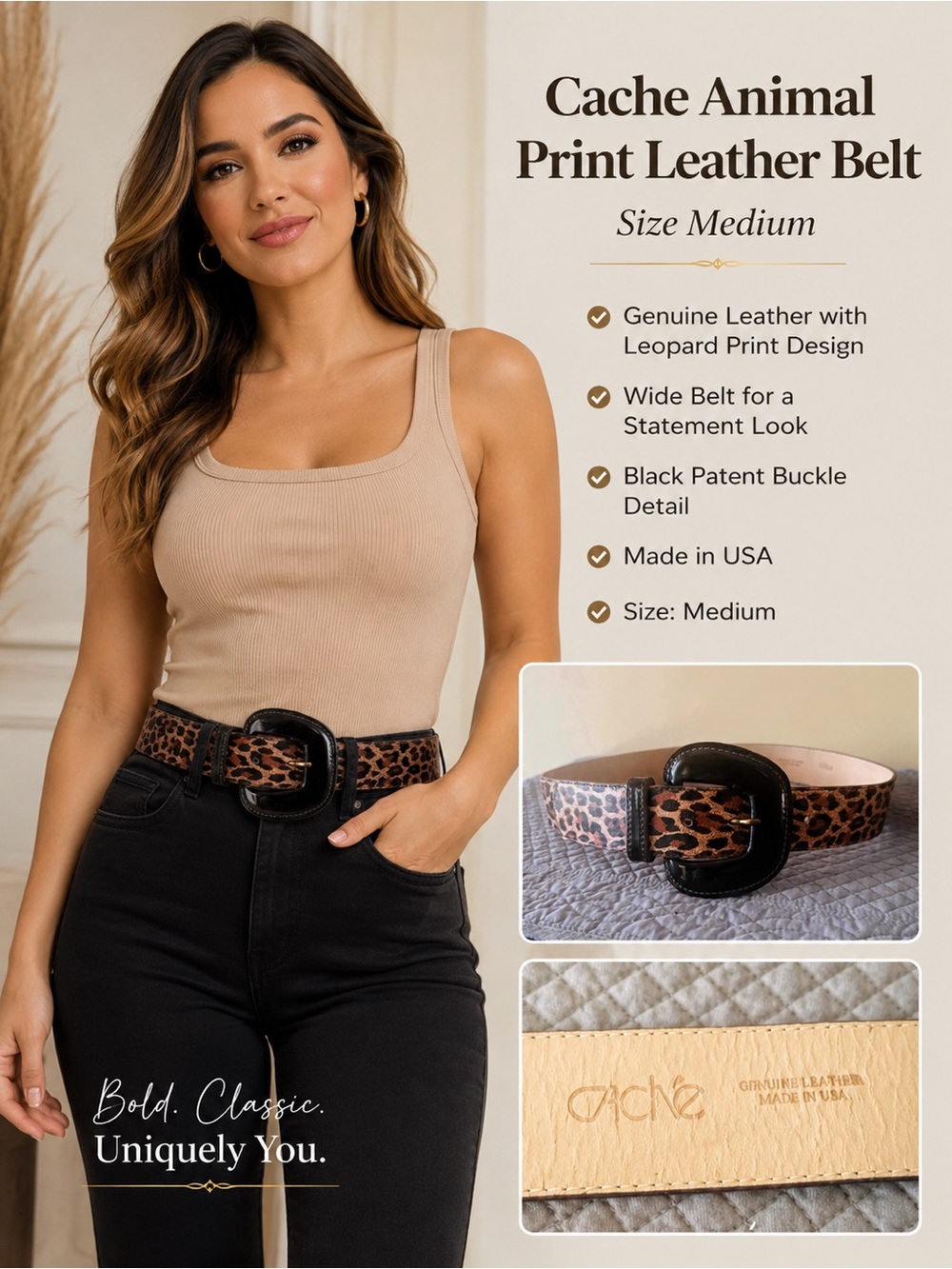Cache Leather Leopard Print Wide Belt with Black Patent Buckle